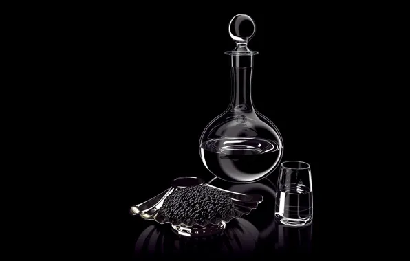 Glass, still life, caviar, decanter