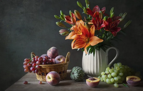 Flowers, the dark background, table, Lily, bouquet, grapes, pitcher, fruit
