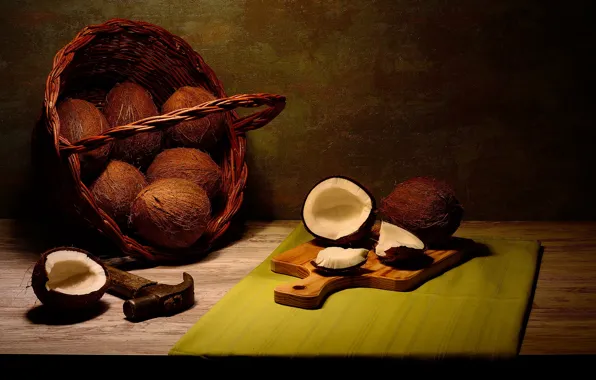 The dark background, table, coconut, hammer, fabric, still life, basket, coconuts