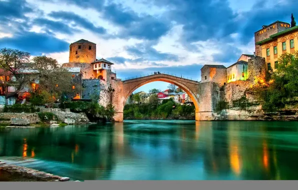 Picture the sky, clouds, landscape, bridge, river, tower