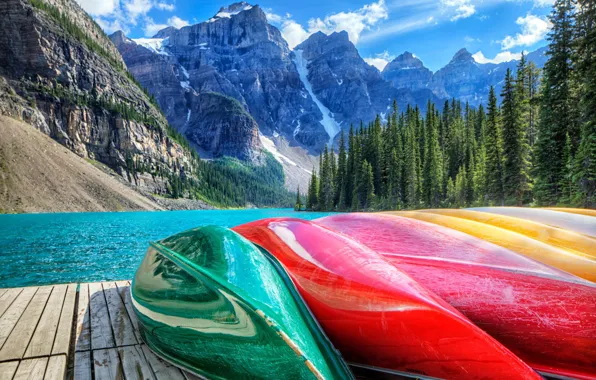 Forest, mountains, lake, Marina, Canada, canoe