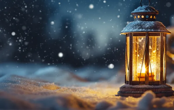 Winter, snow, night, Christmas, lantern, New year, Christmas, night