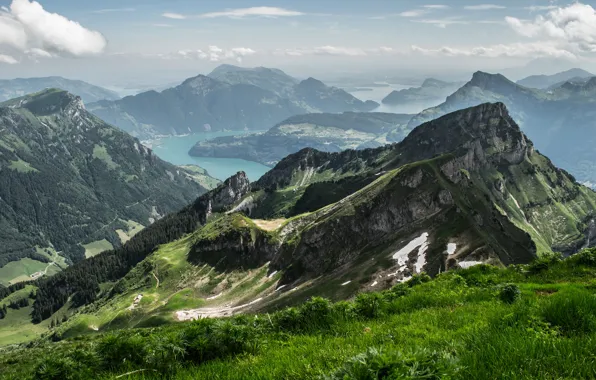 Greens, summer, clouds, mountains, lake, tops, height, Switzerland