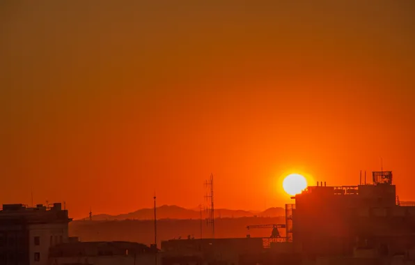 The sun, sunset, the city, Spain, Madrid