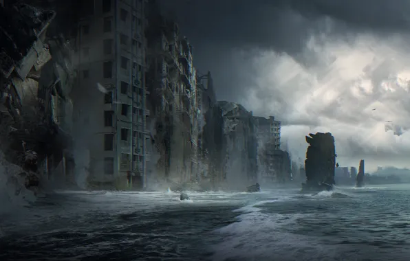 Picture sea, wave, the city, fiction, home, destruction, oblivion
