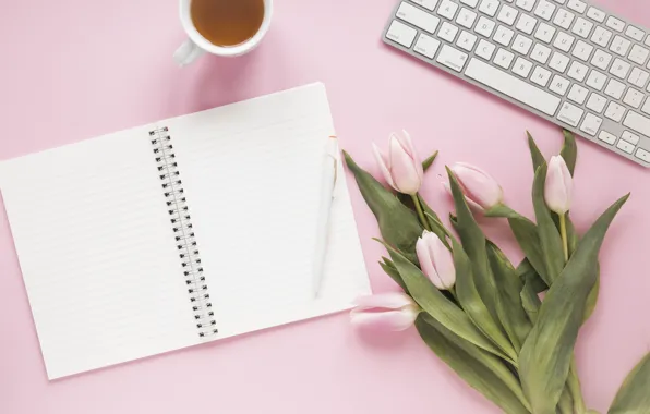 Flowers, tea, handle, tulips, Notepad, keyboard