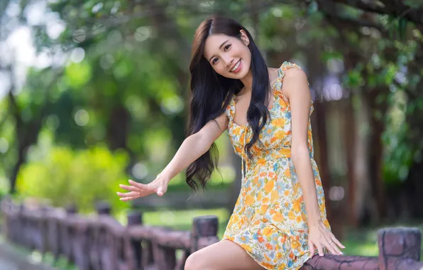 Look, girl, pose, smile, hands, dress, Asian, long hair