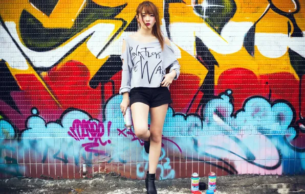Girl, wall, paint, Asian