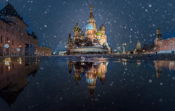 Picture snow, reflection, puddle, area, Moscow, Cathedral, temple, St. Basil's Cathedral