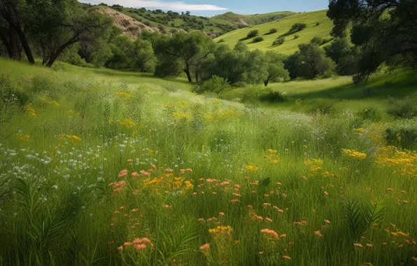 Greens, field, forest, grass, trees, landscape, flowers, nature