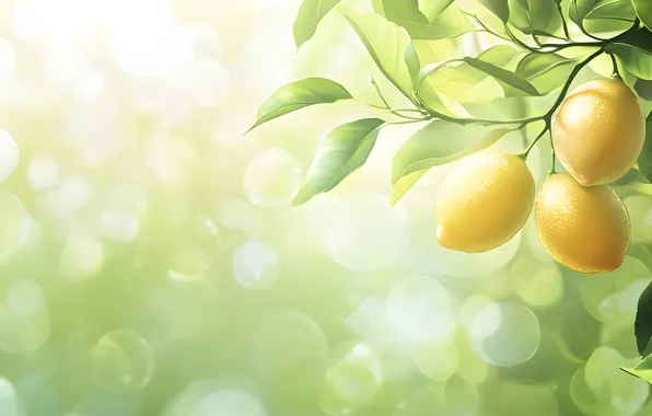 Leaves, light, branch, fruit, green background, lemons, bokeh, hang