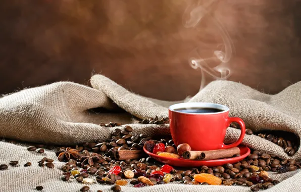 Coffee, Cup, cinnamon, bag, coffee beans, spices