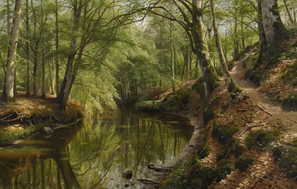 Picture 1918, Danish painter, Peter Merk Of Menstad, Peder Mørk Mønsted, Danish realist painter, The Creek …