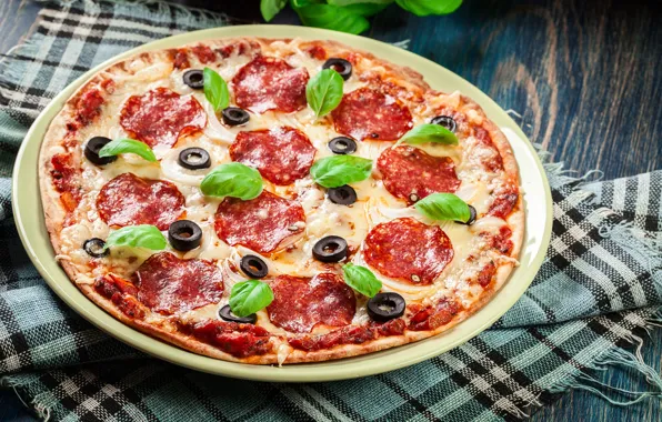 Food, cheese, pizza, wood, sausage, Basil