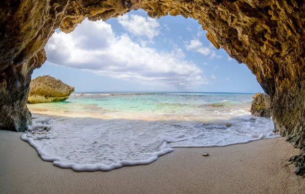 Sand, foam, rocks, coast, arch