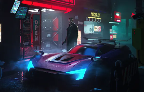 Night, Gun, Light, Weapons, Car, Ryan Gosling, Open, Blade runner 2049