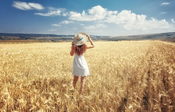 Picture field, the sky, girl, the sun, clouds, landscape, pose, hat