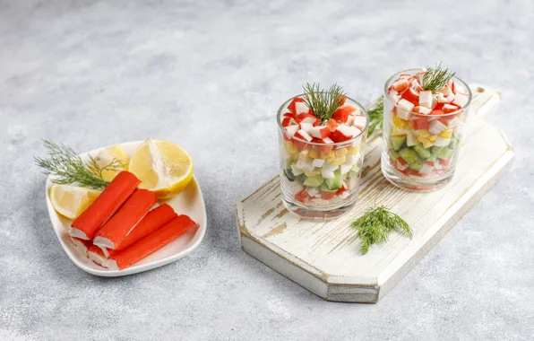 Dill, glasses, salad, crab sticks, salad with crab sticks