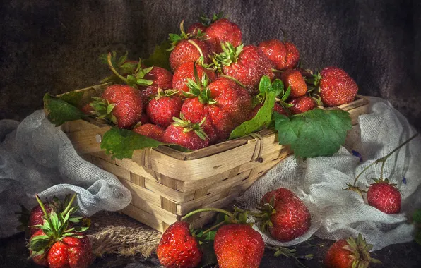 Berries, strawberry, basket, gauze, Vladimir Volodin