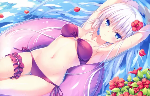 Girl, sexy, wet, cleavage, long hair, boobs, anime, water