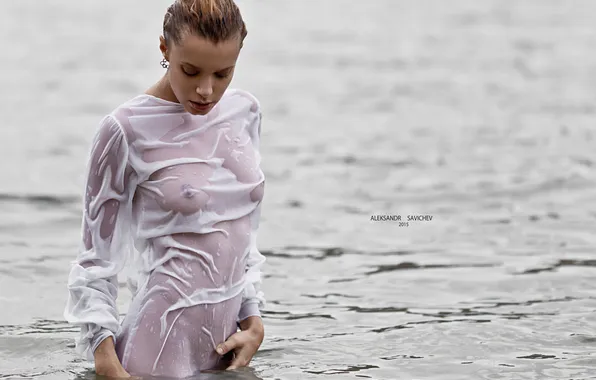 Chest, look, girl, body, wet, t-shirt, photographer, in the water