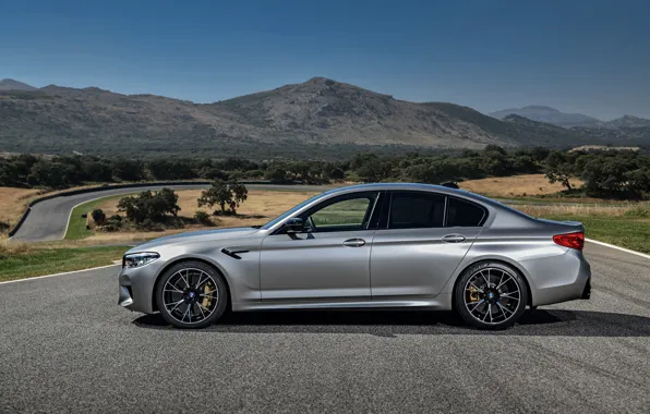 Grey, BMW, sedan, side view, 4x4, 2018, four-door, M5