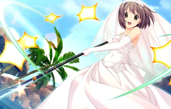 Picture palm trees, corset, veil, peak, wedding dress, blue sky, visual novel, gloves elbow