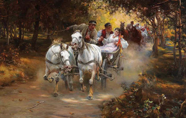 Autumn, artist, genre painting, Alfred Kowalski-Verush, rustic wedding, a tuple