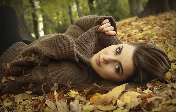 Picture autumn, look, leaves, girl, trees, face, model, hair