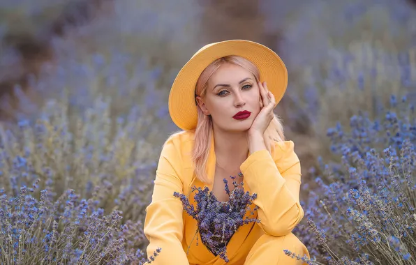 Girl, hat, lavender, in yellow