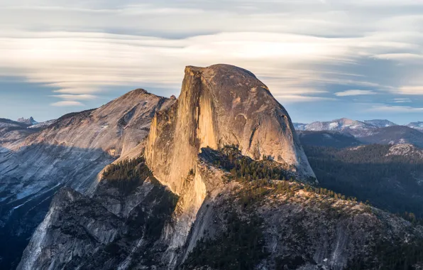 The sky, clouds, trees, mountains, tops, USA, Yosemite, Yosemite