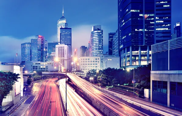 The city, lights, movement, Wallpaper, building, road, Hong Kong, skyscrapers