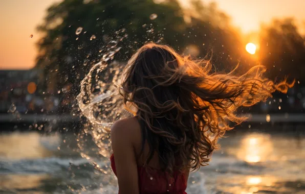 Water, girl, sunset, squirt, splash, bathing, brown hair, long hair