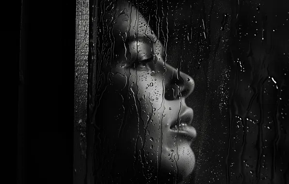 Picture look, glass, water, girl, drops, face, rain, portrait