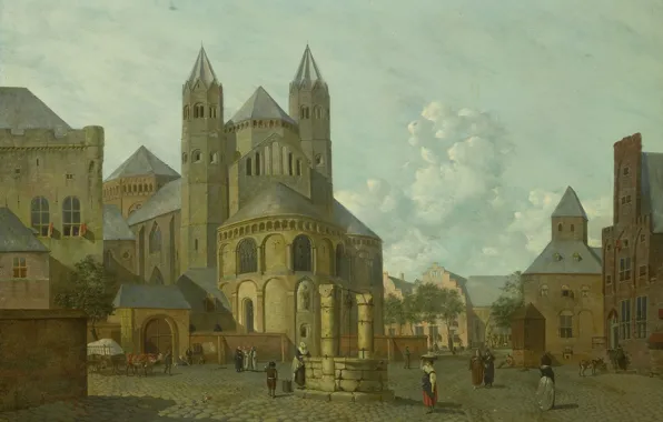 Tree, oil, picture, Johannes Hubert Prince, Fantastic view of the City with a Romanesque Church