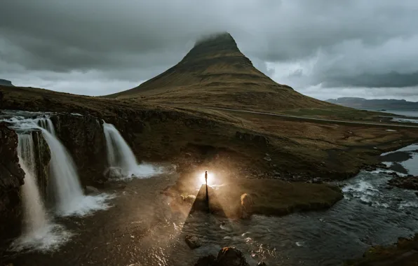 Clouds, light, river, stones, people, mountain, waterfall, Iceland