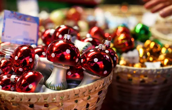 Mushrooms, Shine, Christmas, hats, red, New year, mushrooms, basket