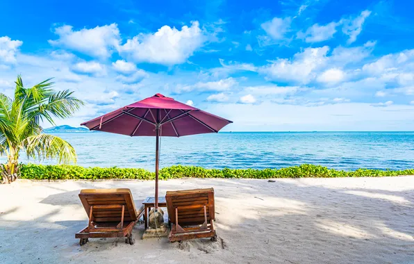 Sand, sea, beach, summer, the sky, shore, umbrella, chaise
