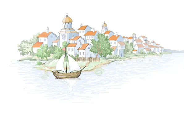 City, sea, painting, church, tawn