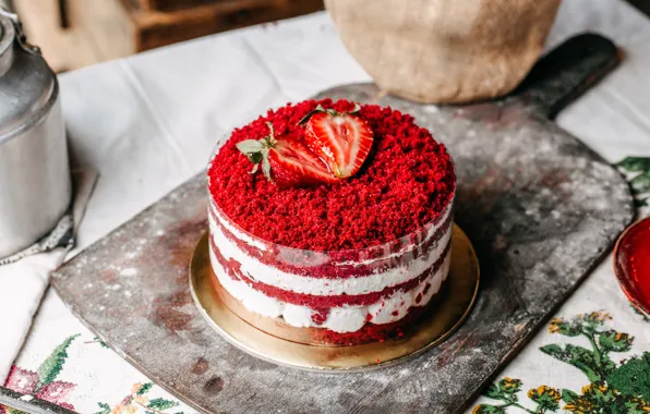Berries, table, strawberry, plate, cake, cake, layers, cream