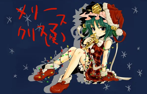 Snowflakes, garland, green hair, blue background, art, bells, white fur, Touhou Project
