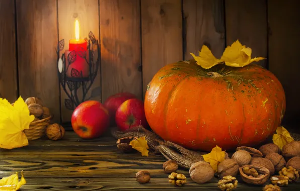 Picture autumn, harvest, pumpkin, autumn, leaves, nuts, still life, fruits
