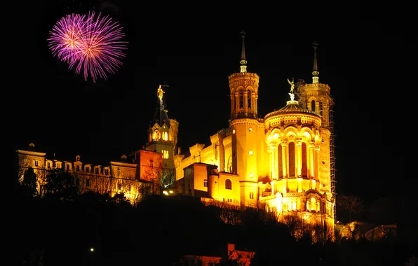 Night, lights, France, salute, temple, Lyon, Notre-Dame de Fourviere
