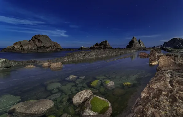 Sea, landscape, night, stones