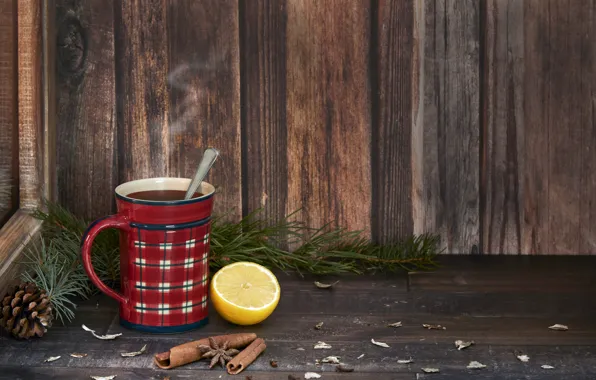 Lemon, tea, mug, needles