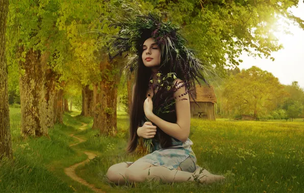 Greens, field, forest, summer, girl, trees, landscape, flowers