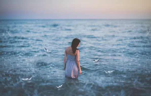 Sea, girl, mood, paper boats