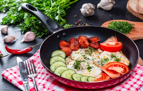 Table, sausage, food, eggs, Breakfast, knife, pepper, plug