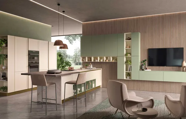 Villa, interior, Italy, kitchen, living room, dining room, dining area, Italian design
