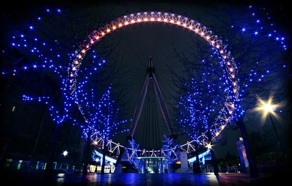 Night, lights, Ferris wheel